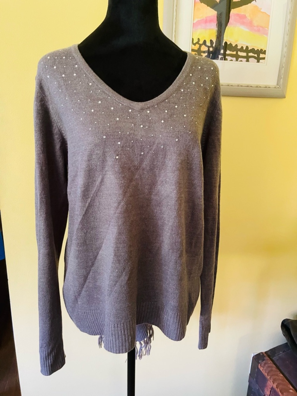Carolyn Taylor Taupe V-Neck Sweater with Pearl Accents